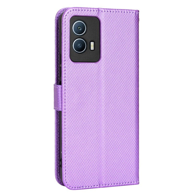 For vivo iQOO U5 Anti-fall Protection PU Leather Cover Diamond Texture Wallet Stand Magnetic Mobile Phone Case - Purple