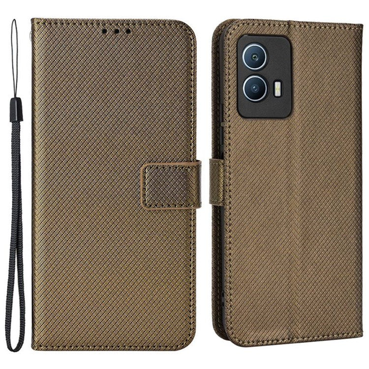 For vivo iQOO U5 Anti-fall Protection PU Leather Cover Diamond Texture Wallet Stand Magnetic Mobile Phone Case - Brown