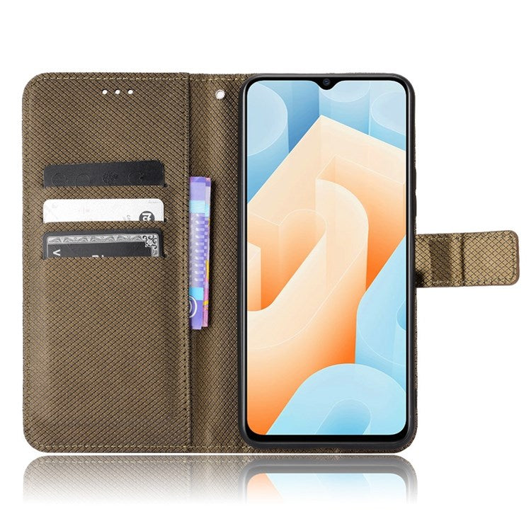 For vivo iQOO U5 Anti-fall Protection PU Leather Cover Diamond Texture Wallet Stand Magnetic Mobile Phone Case - Brown