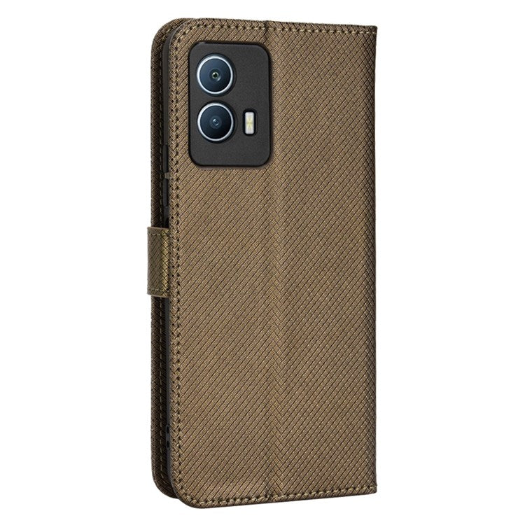 For vivo iQOO U5 Anti-fall Protection PU Leather Cover Diamond Texture Wallet Stand Magnetic Mobile Phone Case - Brown