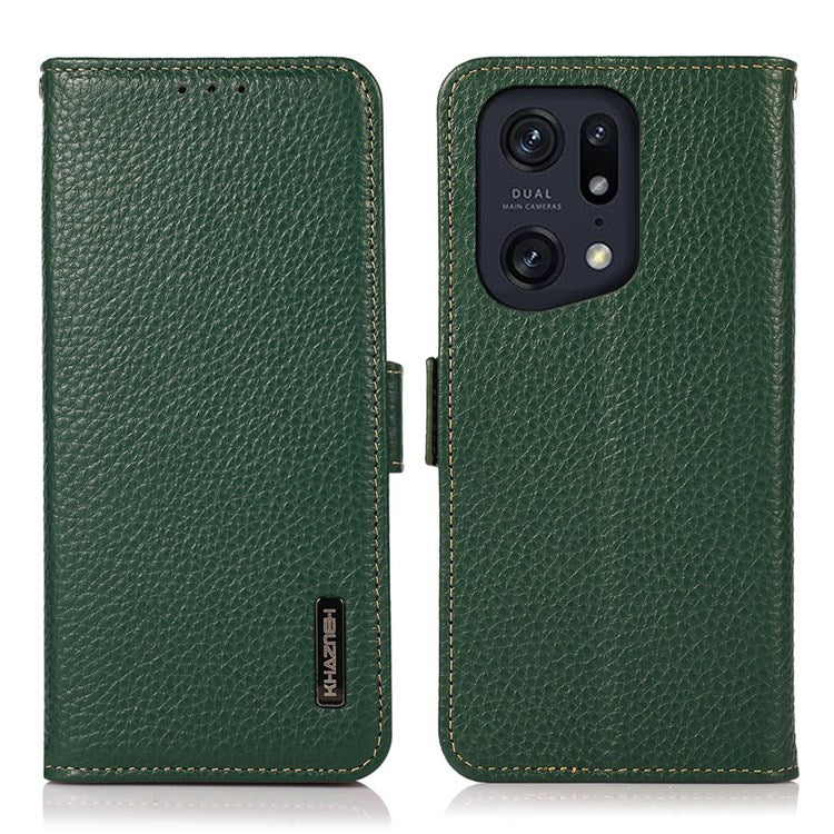 KHAZNEH Litchi Texture Case for Oppo Find X5 Pro, Stand Design All-round Shockproof Genuine Leather + TPU RFID Blocking Cover with Wallet - Green