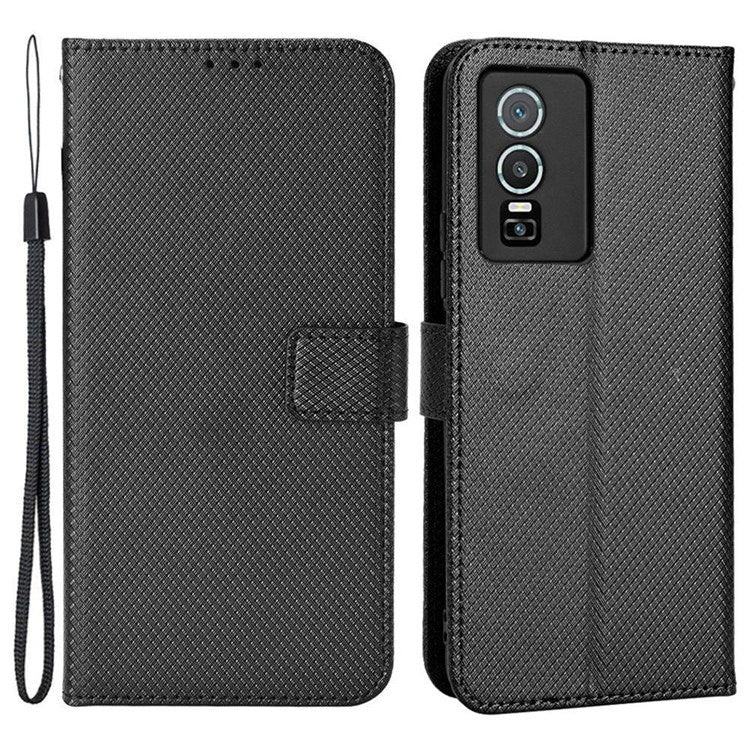 All-inclusive Protection Phone Case for vivo Y76 5G Anti-fall PU Leather Magnetic Wallet Stand Shell Folio Flip Cover with Diamond Texture - Black