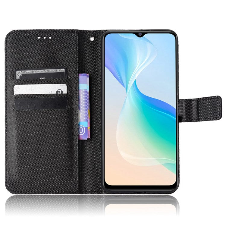 All-inclusive Protection Phone Case for vivo Y76 5G Anti-fall PU Leather Magnetic Wallet Stand Shell Folio Flip Cover with Diamond Texture - Black