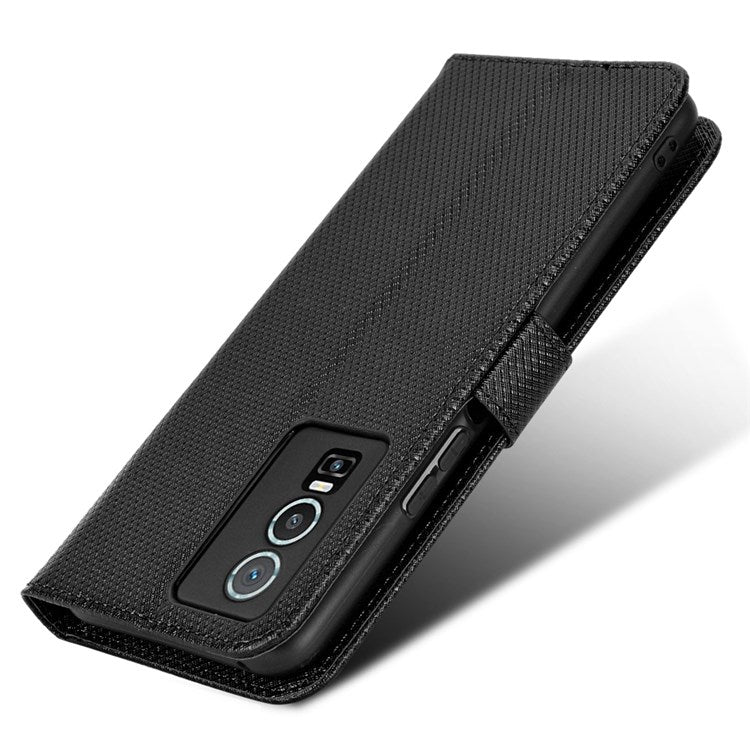 All-inclusive Protection Phone Case for vivo Y76 5G Anti-fall PU Leather Magnetic Wallet Stand Shell Folio Flip Cover with Diamond Texture - Black