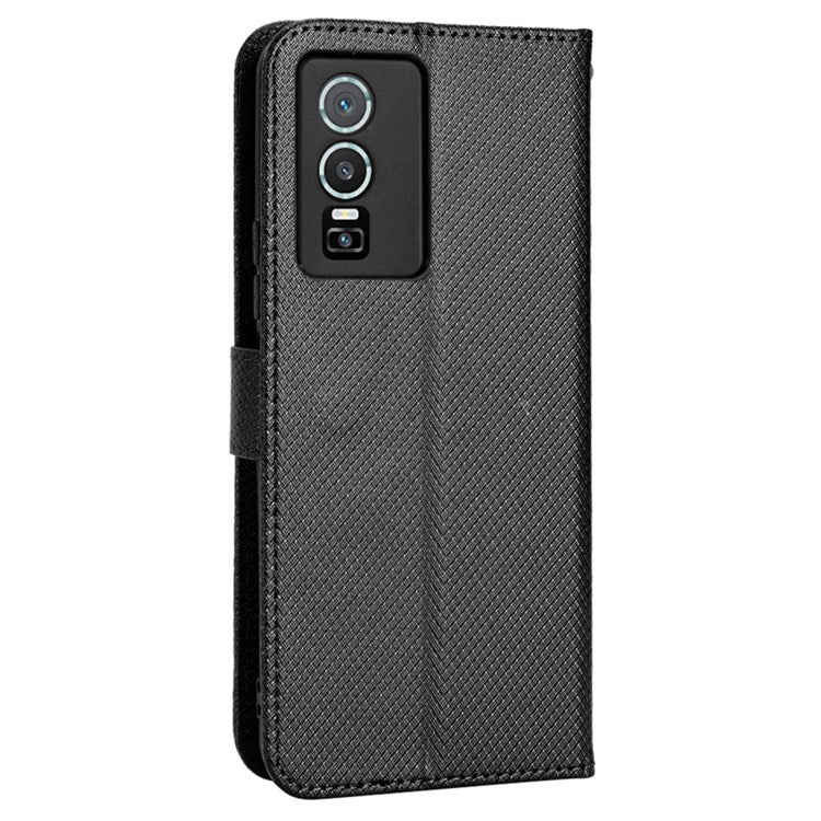 All-inclusive Protection Phone Case for vivo Y76 5G Anti-fall PU Leather Magnetic Wallet Stand Shell Folio Flip Cover with Diamond Texture - Black