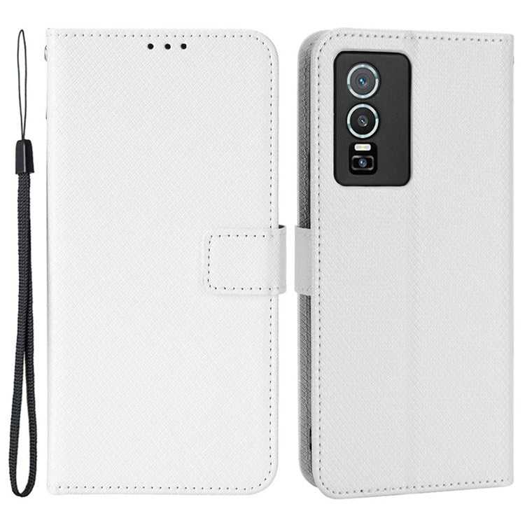 All-inclusive Protection Phone Case for vivo Y76 5G Anti-fall PU Leather Magnetic Wallet Stand Shell Folio Flip Cover with Diamond Texture - White