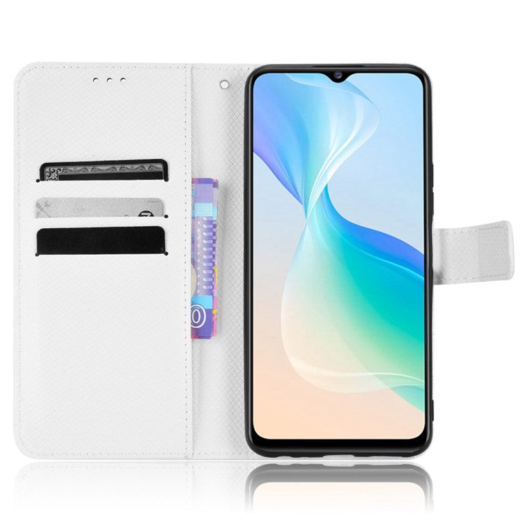 All-inclusive Protection Phone Case for vivo Y76 5G Anti-fall PU Leather Magnetic Wallet Stand Shell Folio Flip Cover with Diamond Texture - White