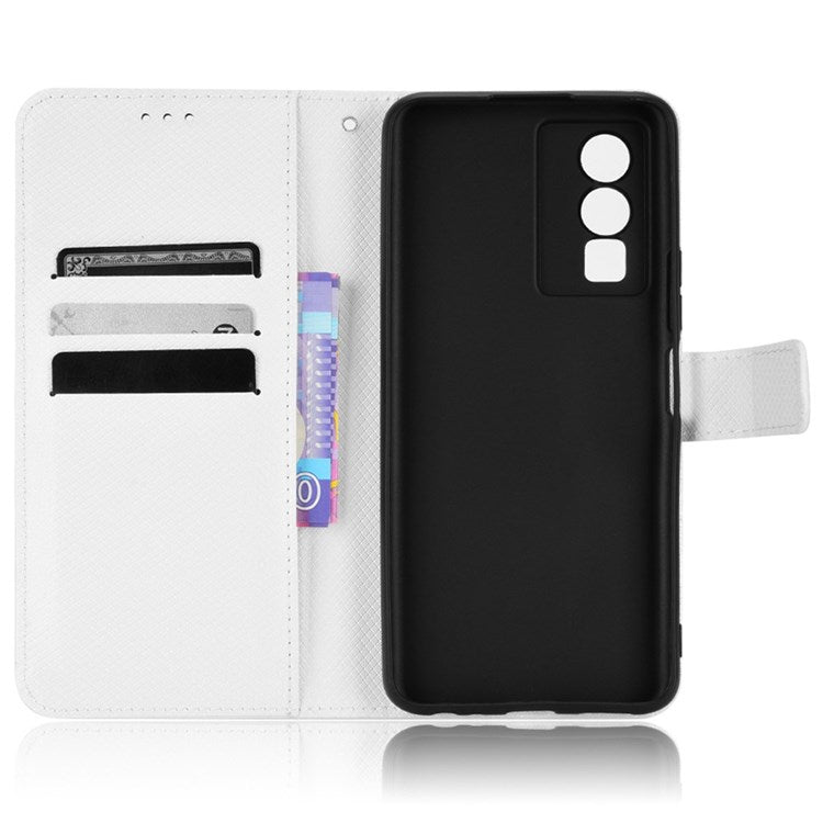 All-inclusive Protection Phone Case for vivo Y76 5G Anti-fall PU Leather Magnetic Wallet Stand Shell Folio Flip Cover with Diamond Texture - White