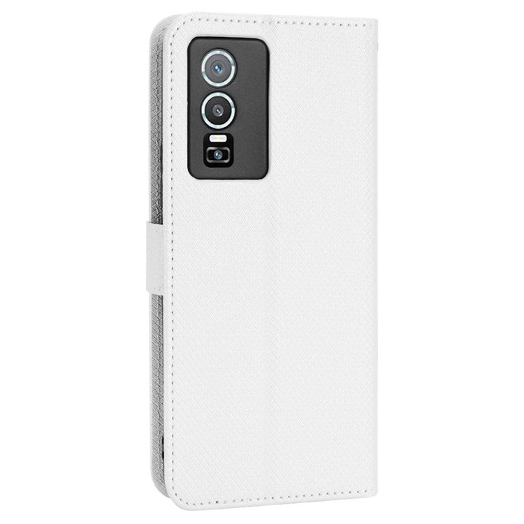 All-inclusive Protection Phone Case for vivo Y76 5G Anti-fall PU Leather Magnetic Wallet Stand Shell Folio Flip Cover with Diamond Texture - White