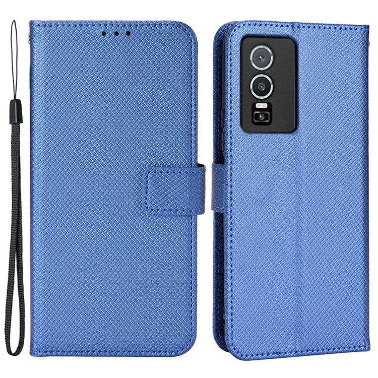 All-inclusive Protection Phone Case for vivo Y76 5G Anti-fall PU Leather Magnetic Wallet Stand Shell Folio Flip Cover with Diamond Texture - Blue