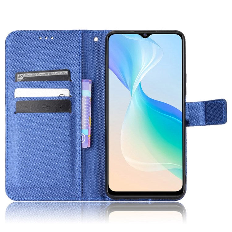 All-inclusive Protection Phone Case for vivo Y76 5G Anti-fall PU Leather Magnetic Wallet Stand Shell Folio Flip Cover with Diamond Texture - Blue