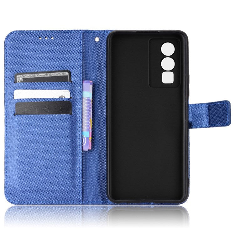 All-inclusive Protection Phone Case for vivo Y76 5G Anti-fall PU Leather Magnetic Wallet Stand Shell Folio Flip Cover with Diamond Texture - Blue