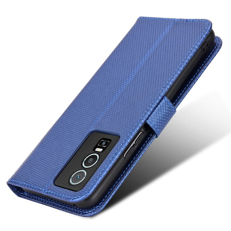 All-inclusive Protection Phone Case for vivo Y76 5G Anti-fall PU Leather Magnetic Wallet Stand Shell Folio Flip Cover with Diamond Texture - Blue