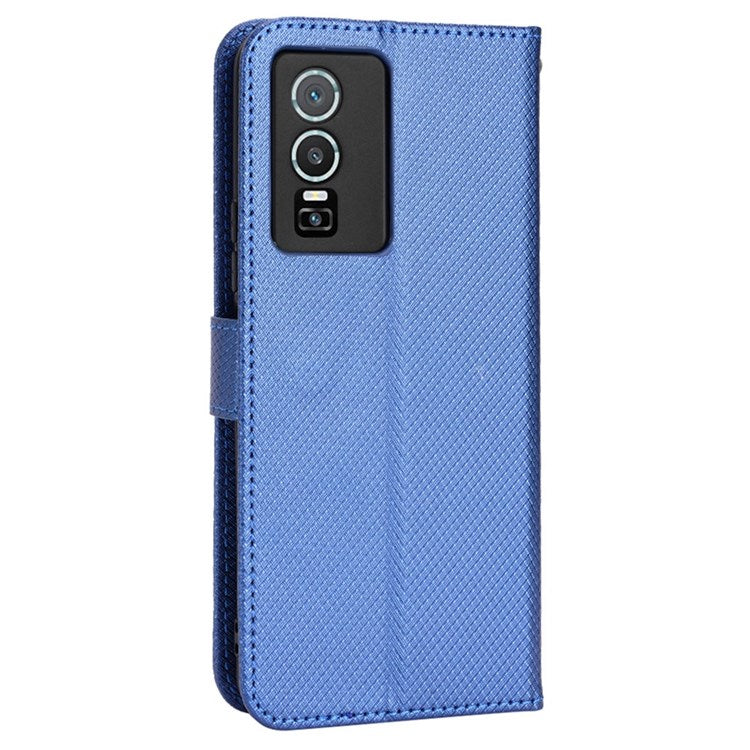 All-inclusive Protection Phone Case for vivo Y76 5G Anti-fall PU Leather Magnetic Wallet Stand Shell Folio Flip Cover with Diamond Texture - Blue