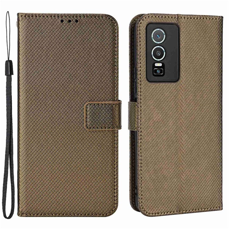 All-inclusive Protection Phone Case for vivo Y76 5G Anti-fall PU Leather Magnetic Wallet Stand Shell Folio Flip Cover with Diamond Texture - Brown