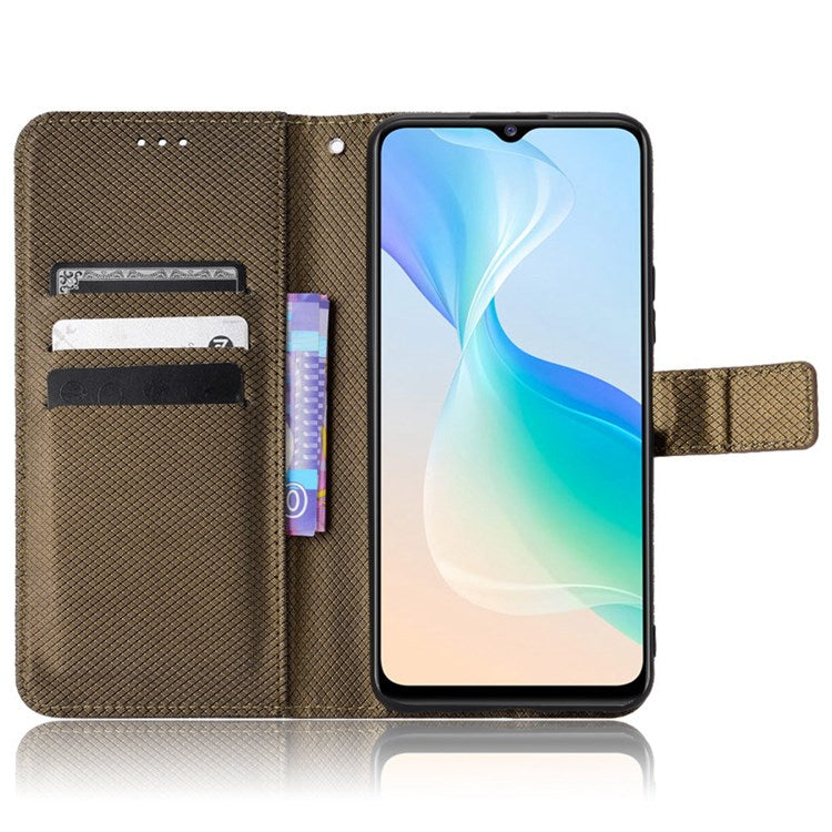 All-inclusive Protection Phone Case for vivo Y76 5G Anti-fall PU Leather Magnetic Wallet Stand Shell Folio Flip Cover with Diamond Texture - Brown