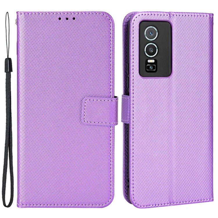 All-inclusive Protection Phone Case for vivo Y76 5G Anti-fall PU Leather Magnetic Wallet Stand Shell Folio Flip Cover with Diamond Texture - Purple