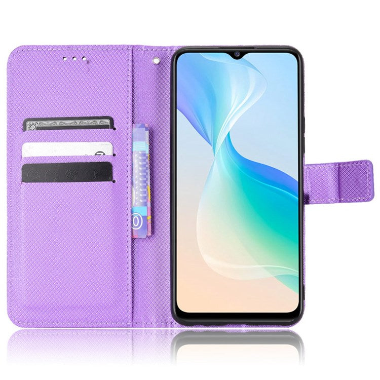 All-inclusive Protection Phone Case for vivo Y76 5G Anti-fall PU Leather Magnetic Wallet Stand Shell Folio Flip Cover with Diamond Texture - Purple