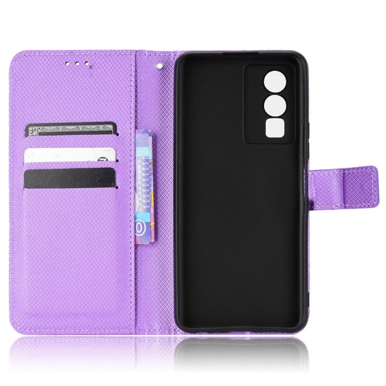 All-inclusive Protection Phone Case for vivo Y76 5G Anti-fall PU Leather Magnetic Wallet Stand Shell Folio Flip Cover with Diamond Texture - Purple