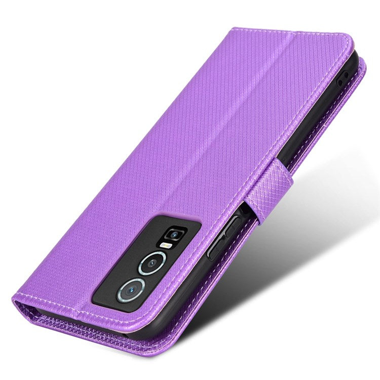 All-inclusive Protection Phone Case for vivo Y76 5G Anti-fall PU Leather Magnetic Wallet Stand Shell Folio Flip Cover with Diamond Texture - Purple