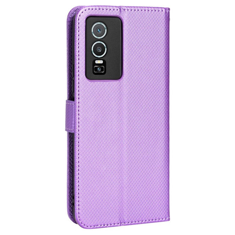 All-inclusive Protection Phone Case for vivo Y76 5G Anti-fall PU Leather Magnetic Wallet Stand Shell Folio Flip Cover with Diamond Texture - Purple