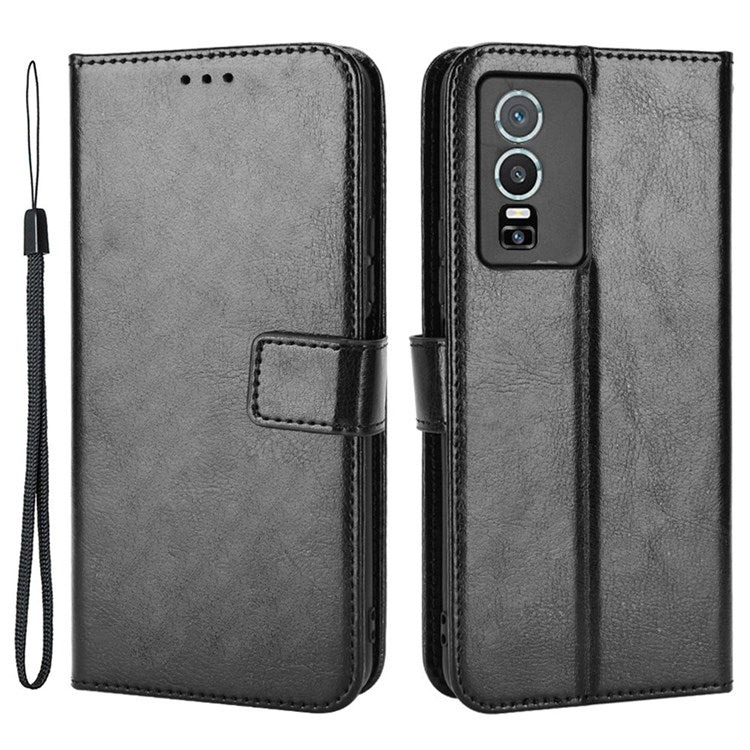 PU Leather Wallet Phone Case for vivo Y76 5G Magnetic Closure Folio Flip Cover Crazy Horse Texture Stand Shell with Strap - Black