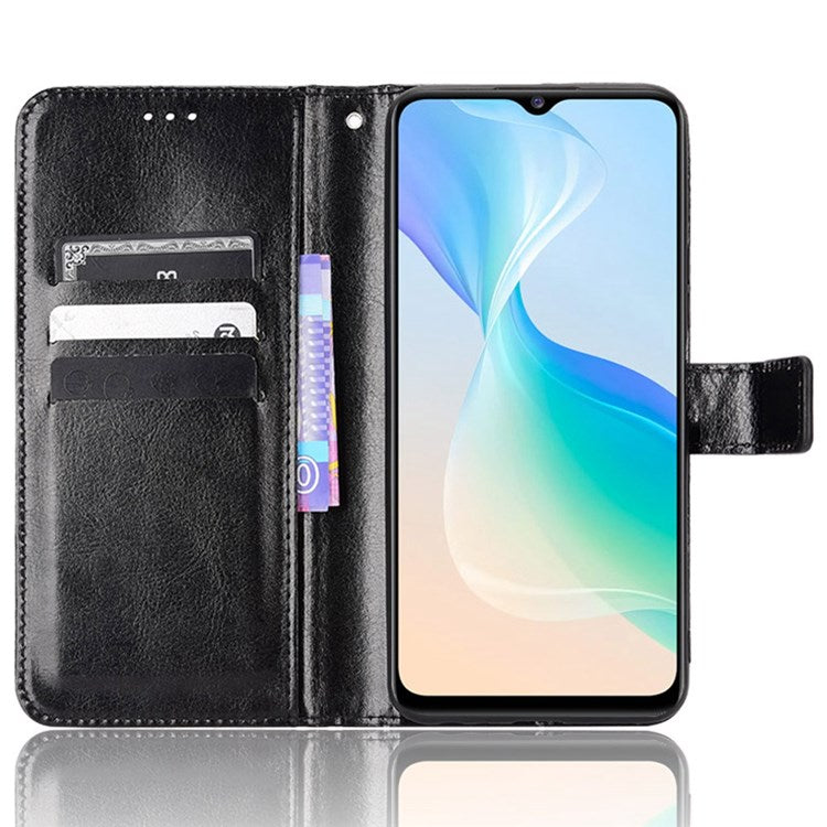 PU Leather Wallet Phone Case for vivo Y76 5G Magnetic Closure Folio Flip Cover Crazy Horse Texture Stand Shell with Strap - Black