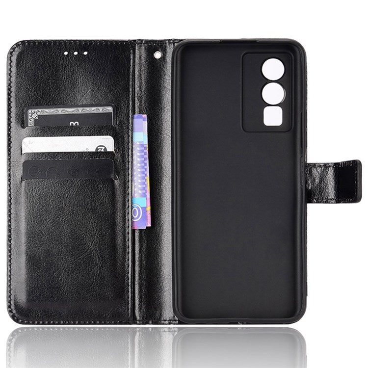 PU Leather Wallet Phone Case for vivo Y76 5G Magnetic Closure Folio Flip Cover Crazy Horse Texture Stand Shell with Strap - Black