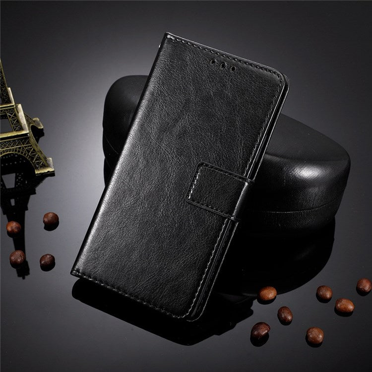 PU Leather Wallet Phone Case for vivo Y76 5G Magnetic Closure Folio Flip Cover Crazy Horse Texture Stand Shell with Strap - Black