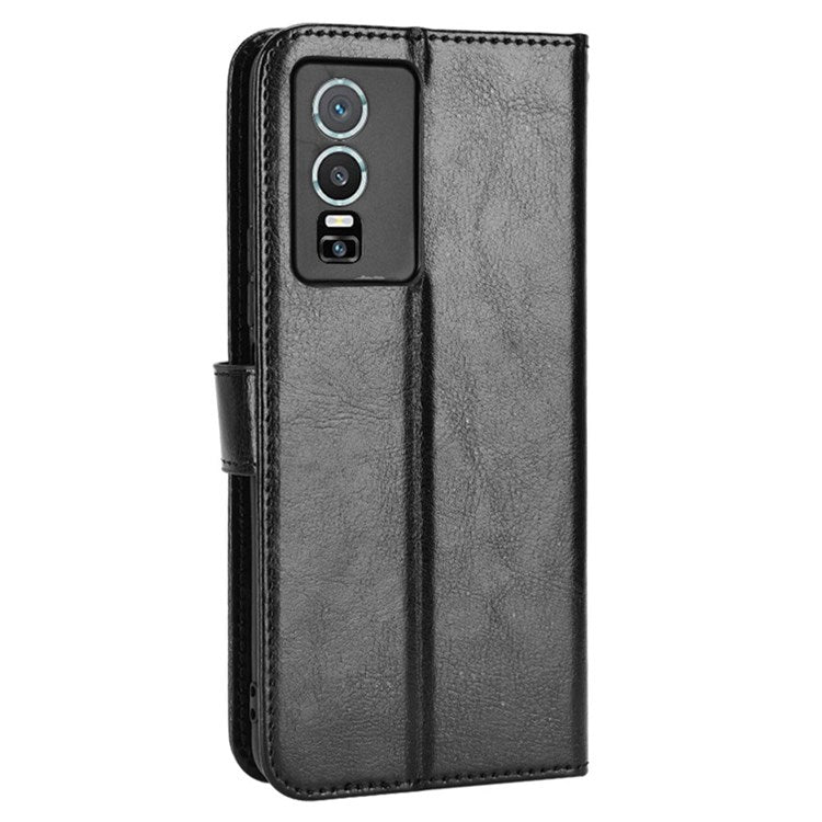 PU Leather Wallet Phone Case for vivo Y76 5G Magnetic Closure Folio Flip Cover Crazy Horse Texture Stand Shell with Strap - Black