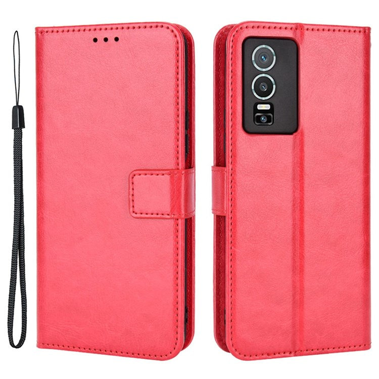 PU Leather Wallet Phone Case for vivo Y76 5G Magnetic Closure Folio Flip Cover Crazy Horse Texture Stand Shell with Strap - Red