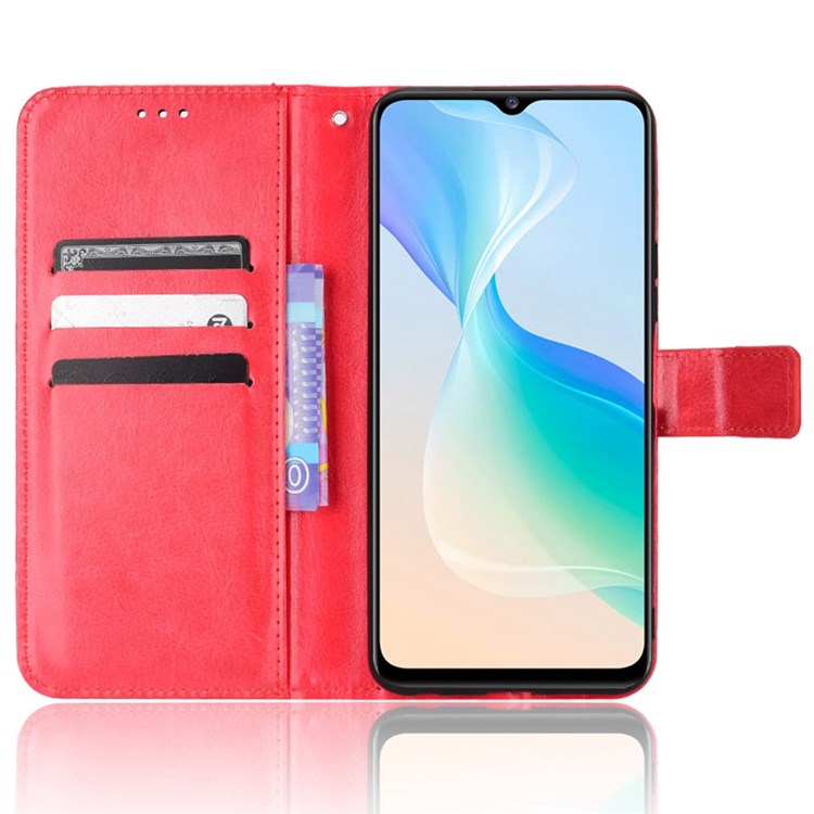 PU Leather Wallet Phone Case for vivo Y76 5G Magnetic Closure Folio Flip Cover Crazy Horse Texture Stand Shell with Strap - Red