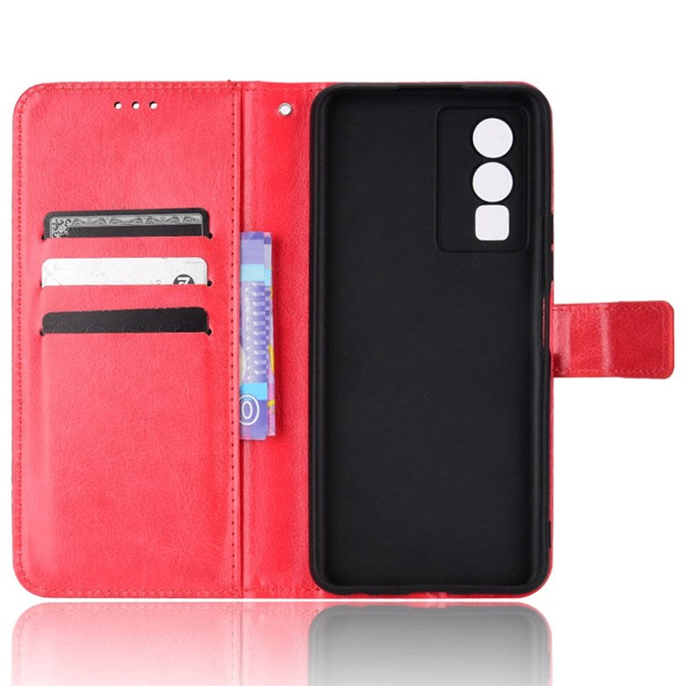 PU Leather Wallet Phone Case for vivo Y76 5G Magnetic Closure Folio Flip Cover Crazy Horse Texture Stand Shell with Strap - Red