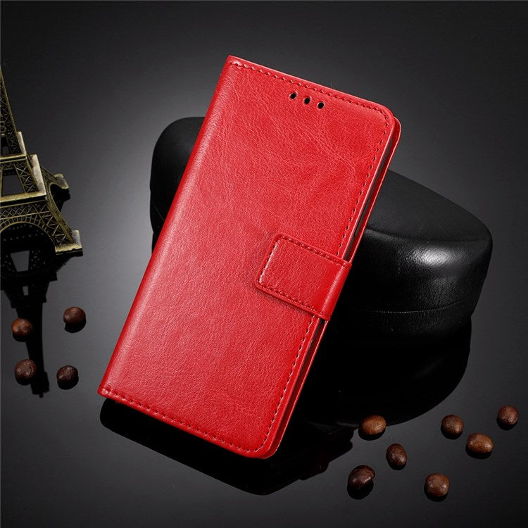 PU Leather Wallet Phone Case for vivo Y76 5G Magnetic Closure Folio Flip Cover Crazy Horse Texture Stand Shell with Strap - Red