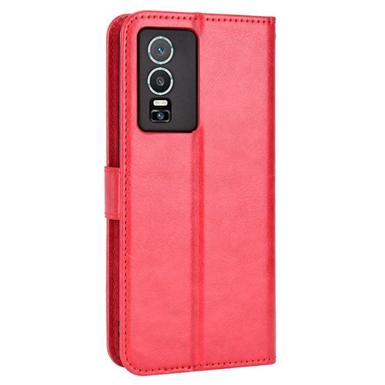 PU Leather Wallet Phone Case for vivo Y76 5G Magnetic Closure Folio Flip Cover Crazy Horse Texture Stand Shell with Strap - Red