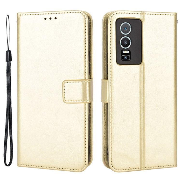 PU Leather Wallet Phone Case for vivo Y76 5G Magnetic Closure Folio Flip Cover Crazy Horse Texture Stand Shell with Strap - Gold