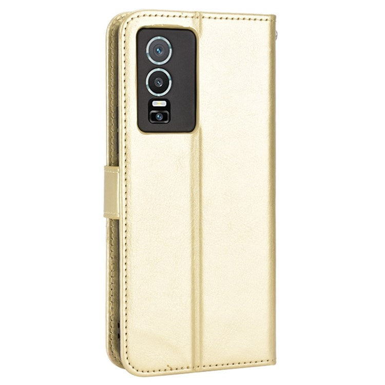 PU Leather Wallet Phone Case for vivo Y76 5G Magnetic Closure Folio Flip Cover Crazy Horse Texture Stand Shell with Strap - Gold