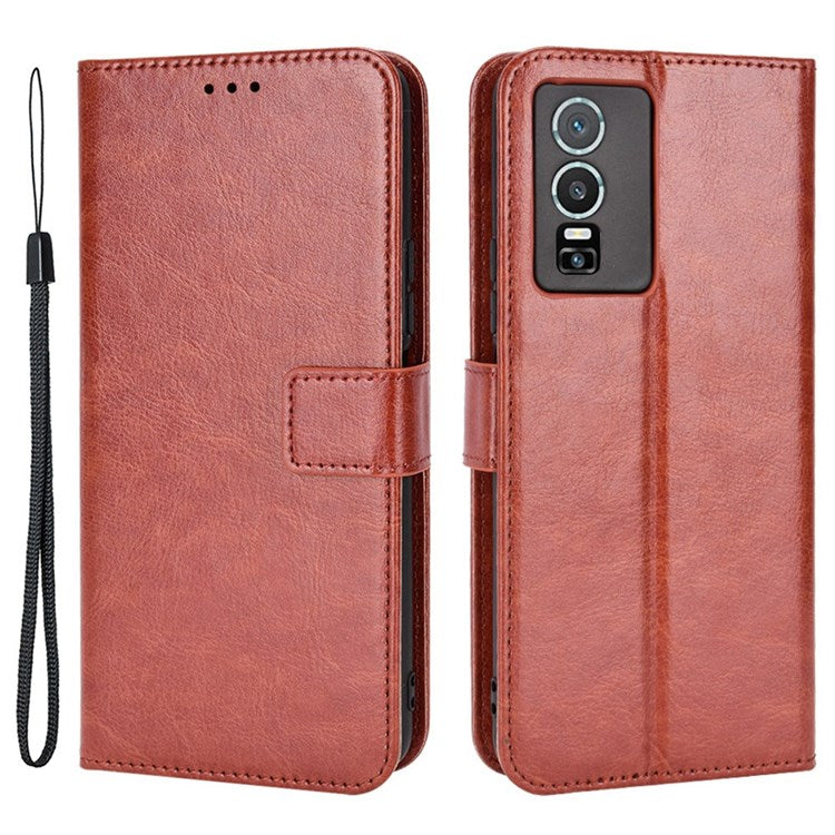 PU Leather Wallet Phone Case for vivo Y76 5G Magnetic Closure Folio Flip Cover Crazy Horse Texture Stand Shell with Strap - Brown