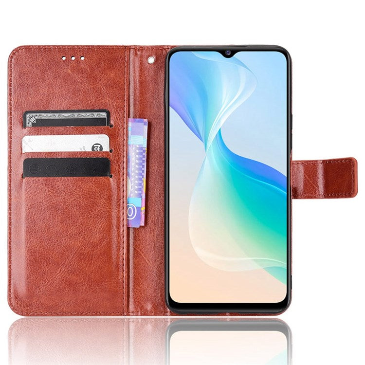 PU Leather Wallet Phone Case for vivo Y76 5G Magnetic Closure Folio Flip Cover Crazy Horse Texture Stand Shell with Strap - Brown