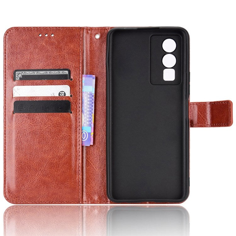 PU Leather Wallet Phone Case for vivo Y76 5G Magnetic Closure Folio Flip Cover Crazy Horse Texture Stand Shell with Strap - Brown