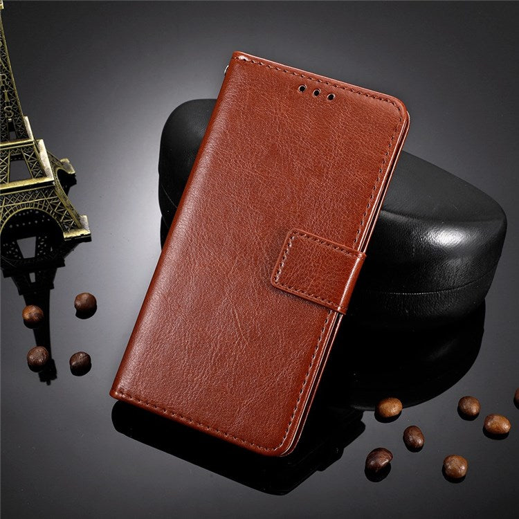 PU Leather Wallet Phone Case for vivo Y76 5G Magnetic Closure Folio Flip Cover Crazy Horse Texture Stand Shell with Strap - Brown