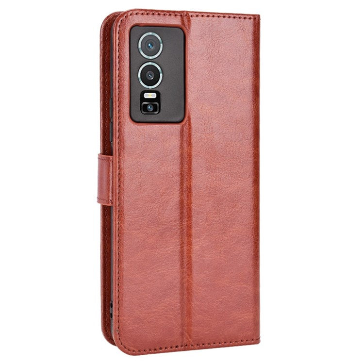 PU Leather Wallet Phone Case for vivo Y76 5G Magnetic Closure Folio Flip Cover Crazy Horse Texture Stand Shell with Strap - Brown