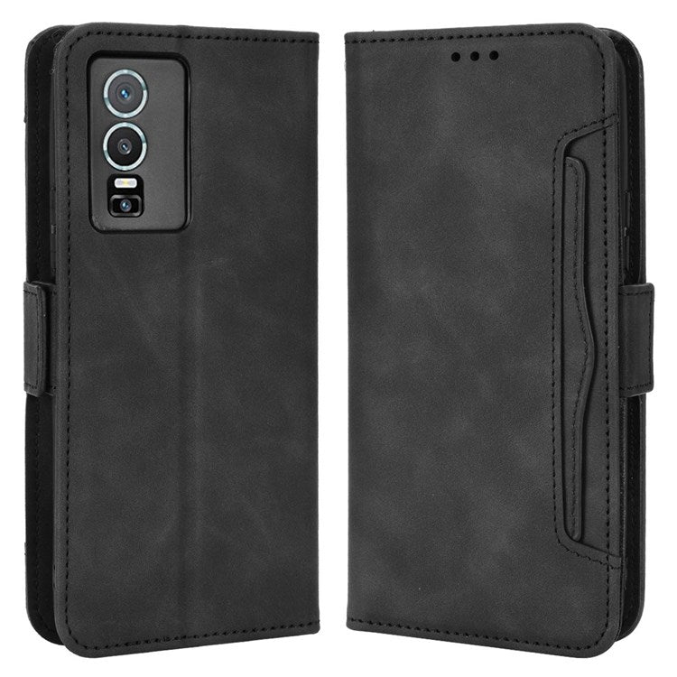 For vivo Y76 5G PU Leather Card Slots Case Double Magnetic Clasp Wallet Stand Phone Cover - Black