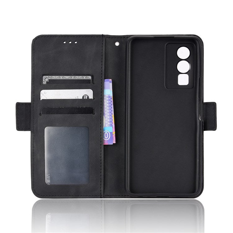 For vivo Y76 5G PU Leather Card Slots Case Double Magnetic Clasp Wallet Stand Phone Cover - Black