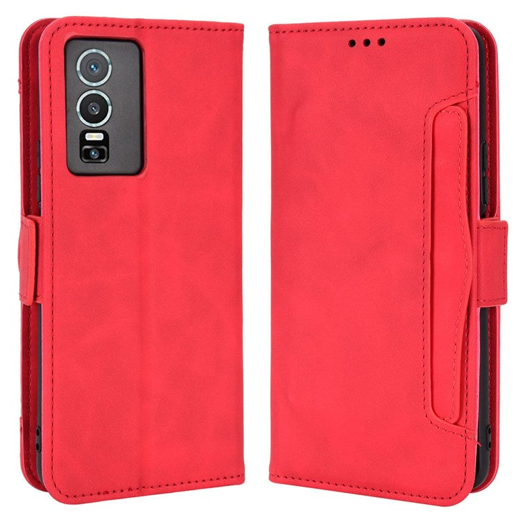 For vivo Y76 5G PU Leather Card Slots Case Double Magnetic Clasp Wallet Stand Phone Cover - Red