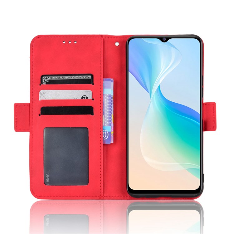 For vivo Y76 5G PU Leather Card Slots Case Double Magnetic Clasp Wallet Stand Phone Cover - Red