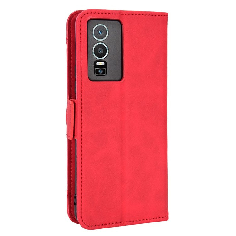 For vivo Y76 5G PU Leather Card Slots Case Double Magnetic Clasp Wallet Stand Phone Cover - Red