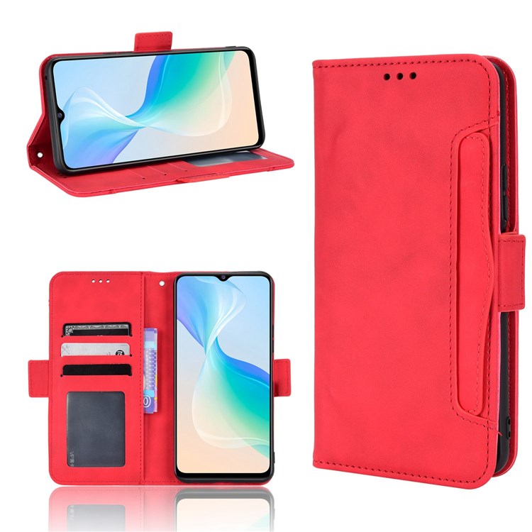 For vivo Y76 5G PU Leather Card Slots Case Double Magnetic Clasp Wallet Stand Phone Cover - Red