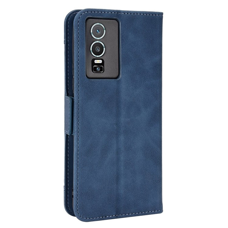 For vivo Y76 5G PU Leather Card Slots Case Double Magnetic Clasp Wallet Stand Phone Cover - Blue