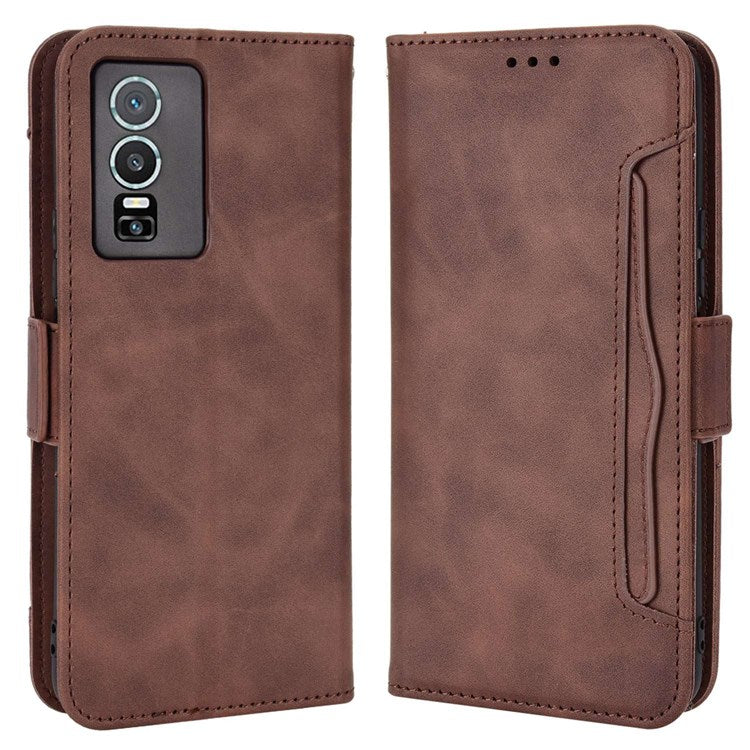 For vivo Y76 5G PU Leather Card Slots Case Double Magnetic Clasp Wallet Stand Phone Cover - Brown